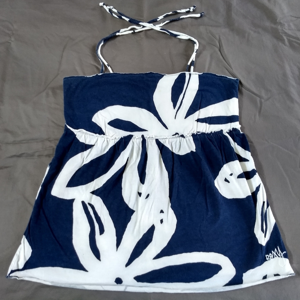 Roxy Tank Top Blue White Tropical Floral Large